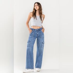 High-rise wide leg cargo blocked jeans